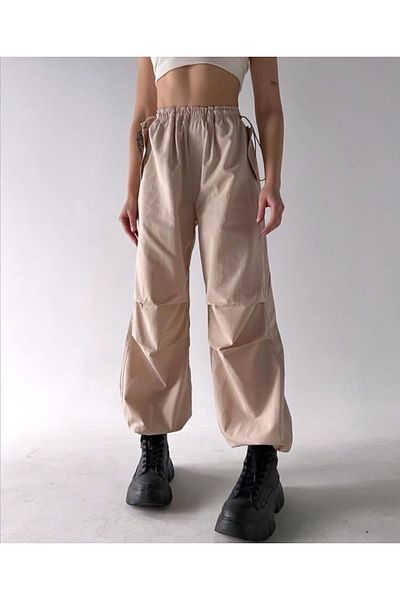 berceste High Waist Beige Parachute Pants