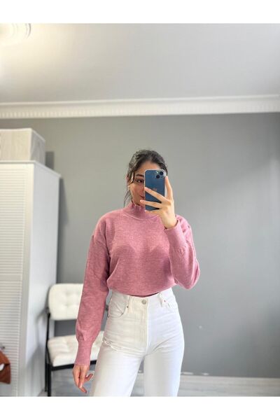 berceste Dik yaka Basic Pembe Triko kazak