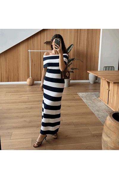 berceste Madonna Collar Navy Blue Striped Dress