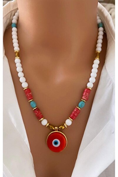 TARZ-I TAKI قلادة نسائية صيفية بتصميم ملون من الحجر الطبيعي وخرزة عين الشر ال...