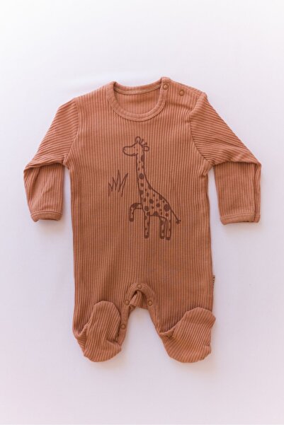 LAVORE Unisex Brown Baby Jumpsuit with Ribbed Giraffe Pattern
