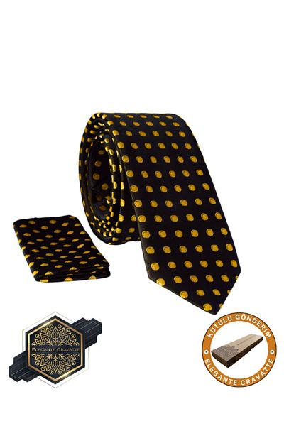 Elegante Cravatte Γραβάτα και μαντήλι τσέπης με μαύρο κίτρινο μοτίβο