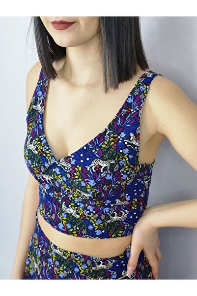 YAXİ Візерунковий V-подібний комір, темно-синій бюстгальтер