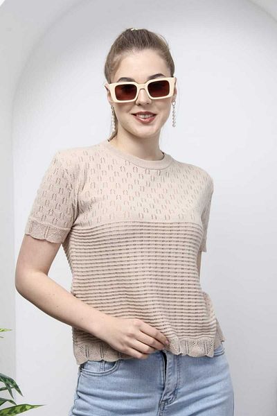 Bracha Lace Detail Openwork Short Sleeve Crew Neck Knitwear Blouse