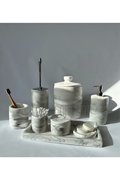 Ture Concept Комплект за баня с мраморна визия Кошче за боклук, Четка за тоалетна, Тава, Сапунерка, Държач за памук, Държач за кран