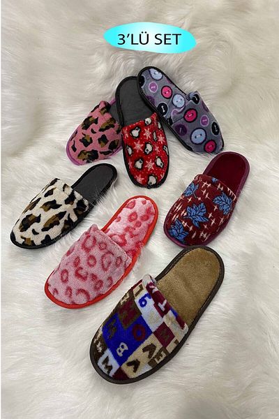 ULUSEN 3-Piece Mixed Pattern Women's House Slippers, Guest Slippers, Dowry Bundle Slippers