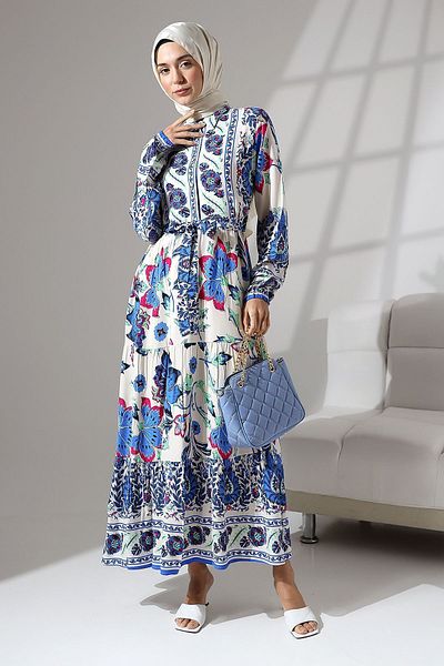 Mihran Butik 100% viscoză, ocazională și confortabilă, rochie de vară lungă cu imprimeu floral, cu nasturi, cu gât în talie