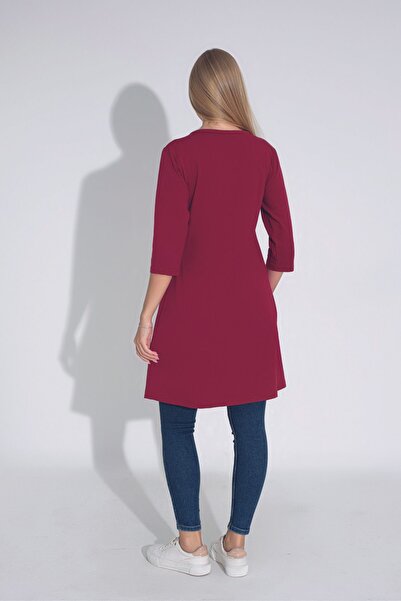 MyBen Kadın Bordo Renkli Bol Kesim Bisiklet Yaka Truvakar Kol Tunik T-405