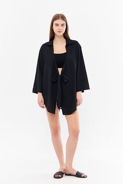 SevdeUgur Cămașă Kimono din in negru - Design Tie-Up, Kimono1