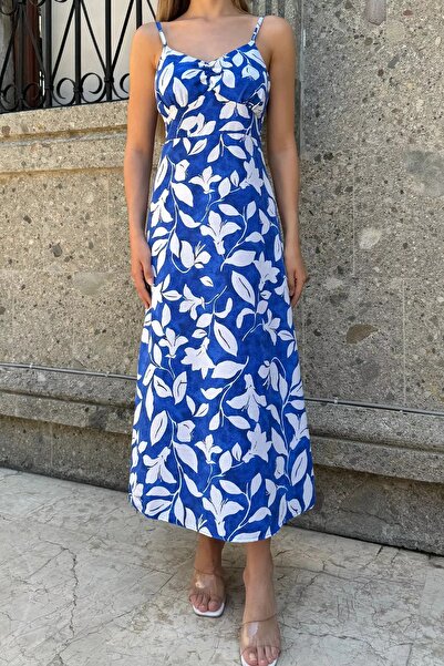 GÜLSELİ Sax Blue Summer Dress with Rope Straps and Gathered Front