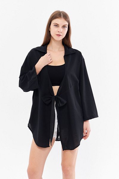 SevdeUgur Cămașă Kimono din in negru - Design Tie-Up, Kimono1