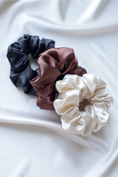 pistore Set de 3 piese pentru femei din satin pentru păr elastic, negru, cupru, ecru
