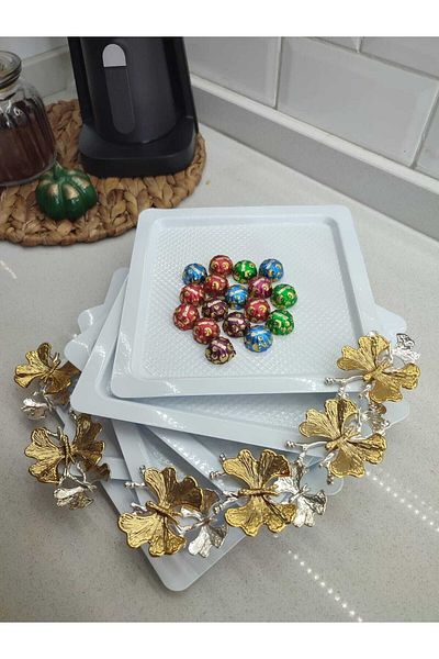 süslühome White Square Presentation Tray with Butterfly 6 Pieces