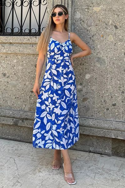GÜLSELİ Καλοκαιρινό φόρεμα Sax Blue με λουράκι από σχοινί και μπροστινό μαζεμένο