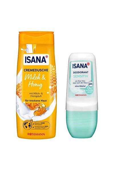 ISANA Milk and Honey Scented Dry Skin Shower Cream - Gel 300ml + Roll On Aloe Vera 50ml
