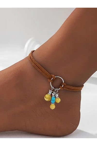By Song Aksesuar Blue TurquoiSe and Yellow Suede Bracelet with Natural Stone Detail