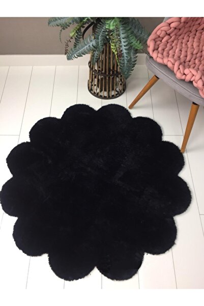 SERİA HALI Siyah Papatya Şekilli Peluş Post Halı Yıkanabilir Kaymaz Taban Puf...