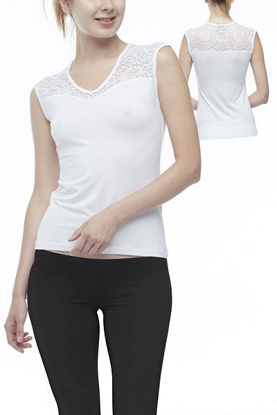 FSM1453 Women's Modal V-neck Sleeveless Lace Lycra Top -2232
