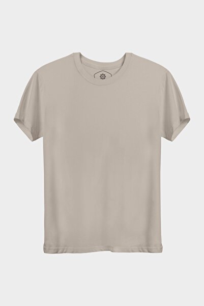 Unisex Slim Fit Bisiklet Yaka Krem Sade %100 Pamuk Tok Duruşlu Tişört
