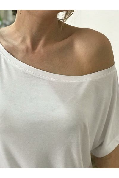 SİSTERS2HC Women's White Single Shoulder Low-cut Boat Neck T-shirt
