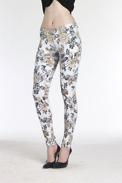 FSM1453 Pantaloni de damă din bumbac cu flori de jeans, jambiere din lycra - 4692