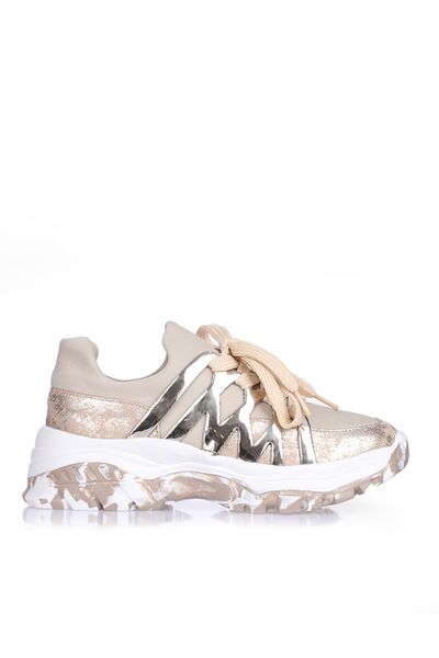 ETERNAL Genuine Leather Cross Detailed Side Panels Gold Color Stretch Shoes S...