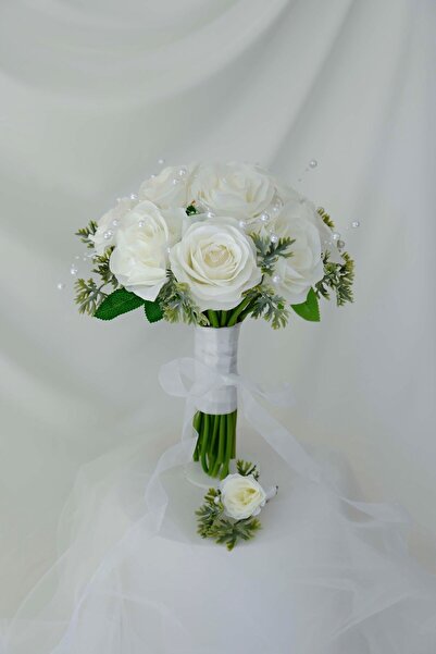 Uğur Gelin Buketi İncili Beyaz Güllerim Gelin Buketi