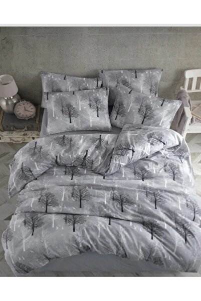 MORRİVAL Set de lenjerie de pat gri cu model de copac dublu, husă de pilota 1...