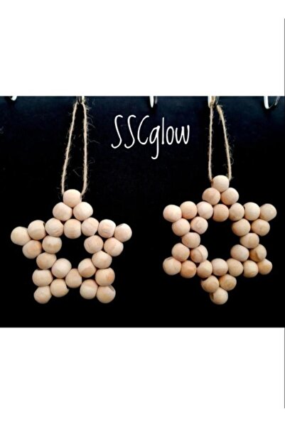 SSCglow Dekoratif Ahşap Boncuklu Yıldız 2'li Set Büyük Boy, Kapı Duvar Mutfak Bebek Odası Süsü