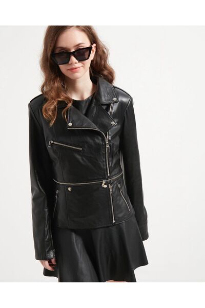 gorgitino تنورة نسائية من الجلد الطبيعي باللون الأسود مع سحاب جانبي