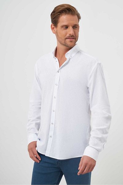 Morven Men's White Linen Plain Pattern Buttoned Collar Slim Fit Shirt