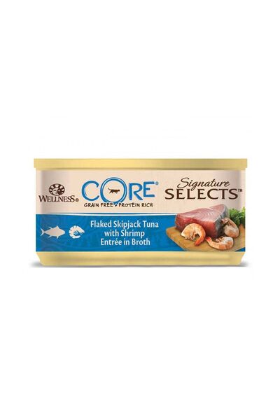 wellness CORE Flaked Skipjack Tuna with Shrimp Entree in Broth for Cat, 79g, ...