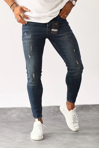MADZEYMODA Ανδρικό τζιν με λεπτή εφαρμογή, με λεπτομέρεια σκούρο μπλε