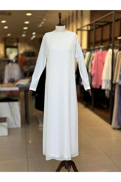 EFRAZE Ecru Long Sleeve Chiffon Straight Dress - 785
