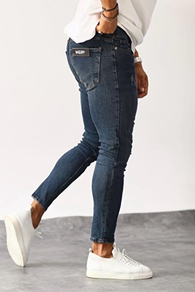 MADZEYMODA Blugi pentru bărbați, slim fit, cu detalii rupte, albastru închis