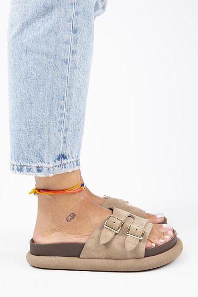 Manijero Lirio Women's - Genuine Leather Mink Single Band Double Buckle Slippers