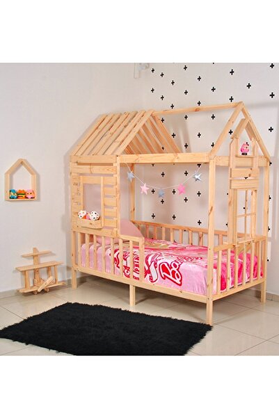MiniWood Montessori Çocuk Yatak Pencereli Doğalçam 90x190 Karyola
