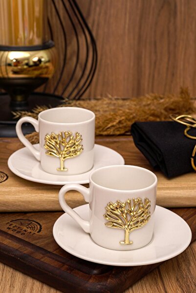 Heda Porselen Hayat Ağacı Altın Kabartma Motif 4 Parça 2 Kişilik Kahve Fincan Takımı 100 Ml