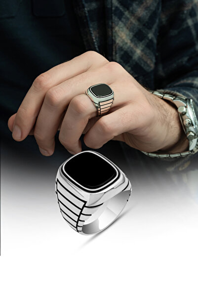 ALYANSEVİM Siyah Oniks Taşlı 925 Gümüş Erkek Yüzük