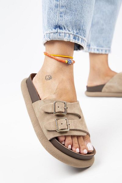 Manijero Lirio Women's - Genuine Leather Mink Single Band Double Buckle Slippers