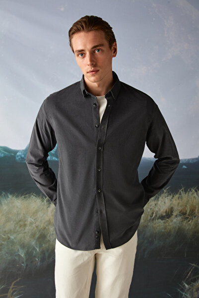 Tween Slim Fit Antrasit Kadife Kadife Gömlek