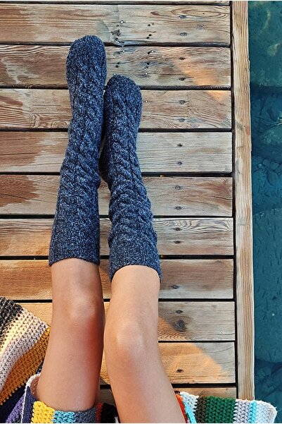 NevRa Örgüleri El Örgüsü Uzun Örgü Kalın Yün Çorap Koyu Gri Kırçıllı Antrasit