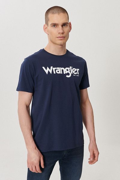 WRANGLER تي شيرت رجالي ذو قصة عادية ورقبة دائرية 100% قطن باللون الأزرق الداكن
