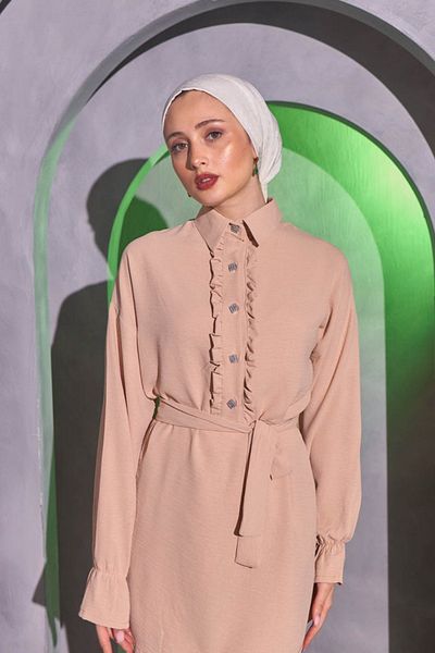Bold Grup Γυναικείο μανίκι Hijab με βολάν πέτρινο κουμπί και ζώνη - Σετ κάτω μπλούζα