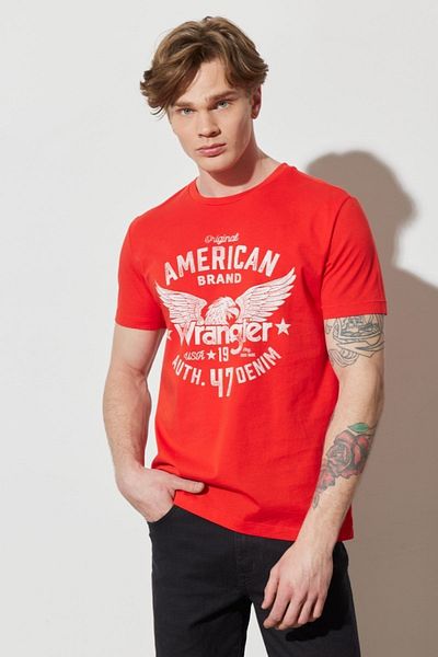 WRANGLER Regular Fit Normal Cut 100% Cotton Crew Neck Red T-Shirt