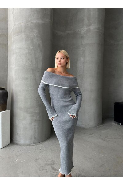 TrendParis Γυναικείο Πλεκτό Φόρεμα Midi - Γιακάς Madonna