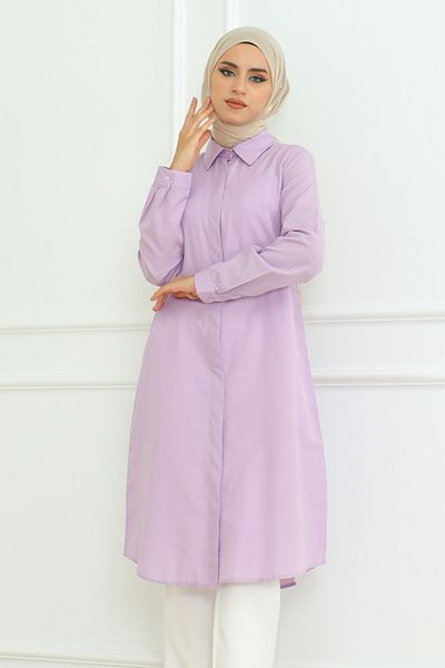 Eliva Lilac Long Sleeve Collar - Buttoned Women's Hijab Tunik