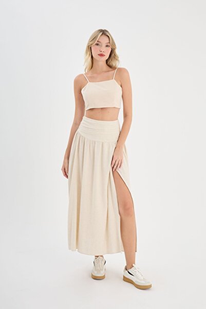 ONE8 Keten Karışımlı Rüstik Kumaşlı Beli Büzgülü Derin Yırtmaçlı Uzun Etek(İÇ...