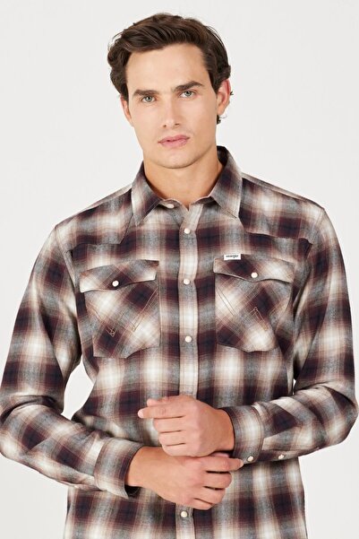 WRANGLER Beige Claret Red Plaid - 100% Cotton Relaxed Fit Long Sleeve Shirt