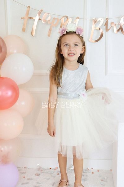 Baby Berry Baby store Baby Girl Child Silver Glitter Floral Tulle Tutu Special Day Princess Dress Ecru (CROWN IS SOLD SEPARATELY)